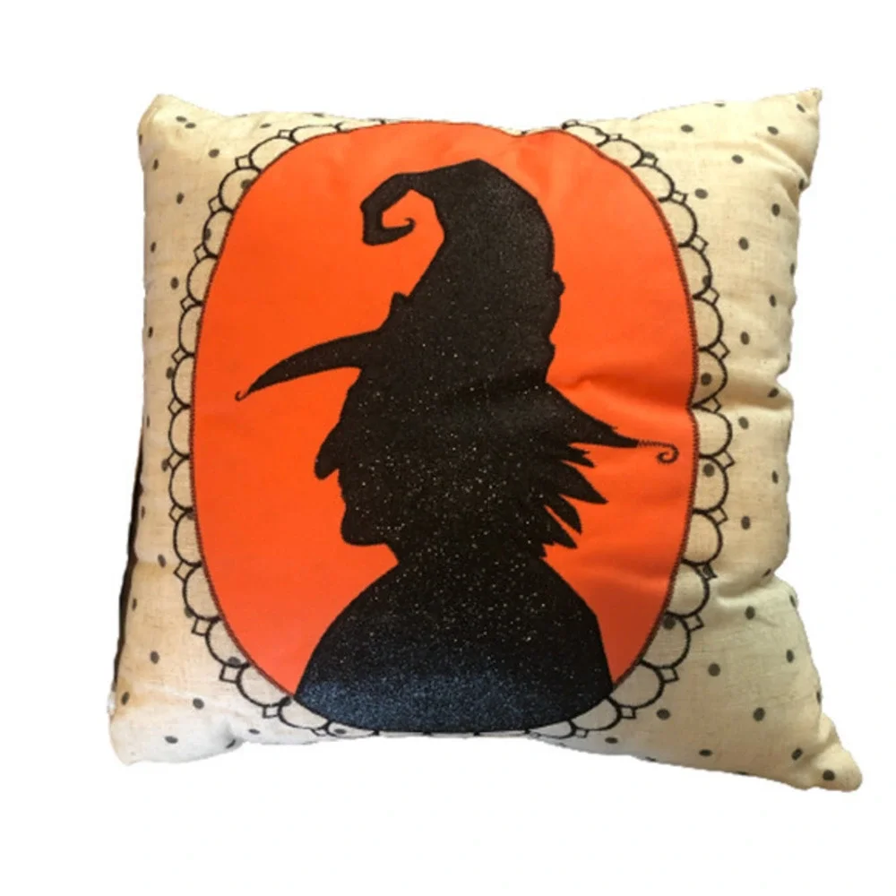 NWOT Halloween Witch‎ Silhouette Pillow Cameo Witch Hat Orange Cream Polka Dots